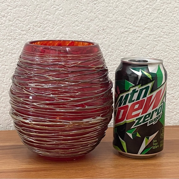 Robert Adamson Handblown Red Art Glass Thread Wrap 6” Dome Large Votive Vase - Picture 3 of 16
